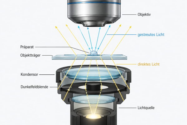 Funktionsweise der Dunkelfeldmikroskopie Schematischer Lichtweg bei der Dunkelfeldmikroskopie mit Dunkelfeldblende, Kondensor und gestreutem Licht