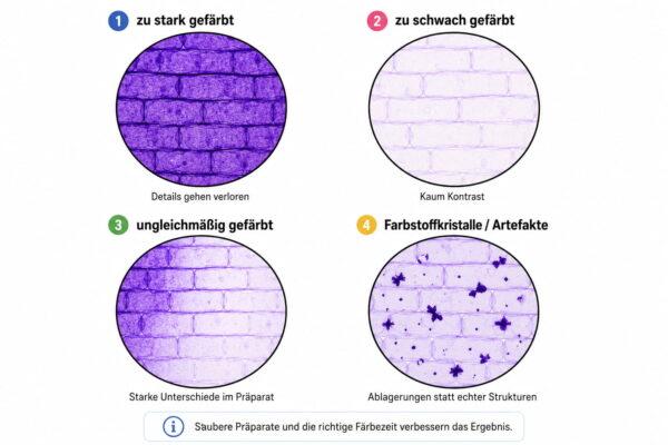 Typische Fehler bei Färbetechniken in der Mikroskopie Typische Fehler bei Färbetechniken: zu starke, zu schwache und ungleichmäßige Färbung sowie Farbstoffkristalle