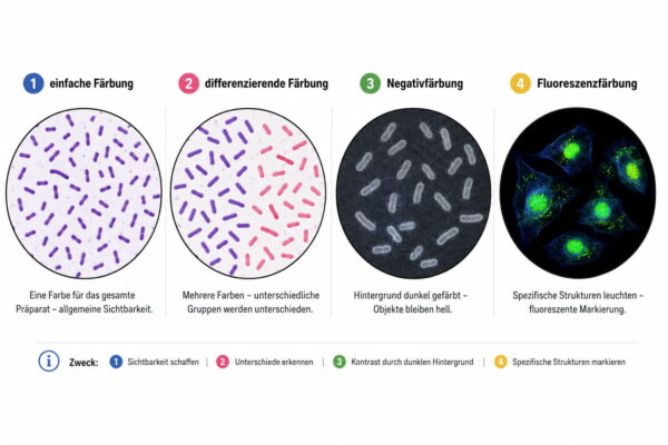 Färbetechniken im Überblick in der Mikroskopie Färbetechniken im Überblick: einfache Färbung, differenzierende Färbung, Negativfärbung und Fluoreszenzfärbung