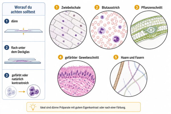 Geeignete Präparate für die Hellfeldmikroskopie Geeignete Präparate für die Hellfeldmikroskopie wie Zwiebelschale, Blutausstrich, Pflanzenschnitt, Gewebeschnitt und Fasern