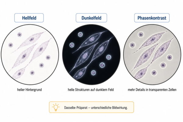 Hellfeldmikroskopie, Dunkelfeld und Phasenkontrast im Vergleich Hellfeldmikroskopie im Vergleich mit Dunkelfeld und Phasenkontrast am selben Präparat