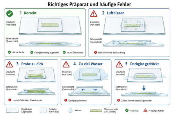 Präparate selbst herstellen: korrektes Frischpräparat und typische Fehler wie Luftblasen, zu dicke Probe und zu viel Wasser