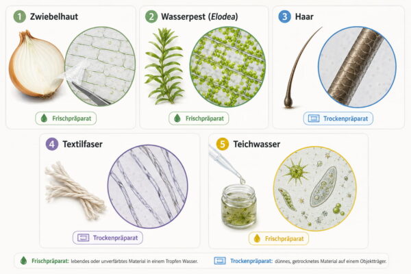 Präparate selbst herstellen: geeignete Untersuchungsobjekte wie Zwiebelhaut, Wasserpest, Haar, Textilfaser und Teichwasser