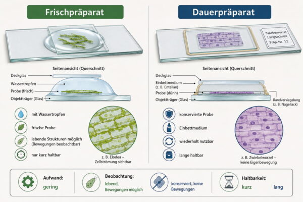 Präparate selbst herstellen: Vergleich von Frischpräparat und Dauerpräparat mit Aufbau, Eigenschaften und Haltbarkeit