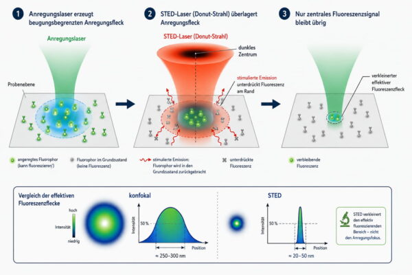 Super-Resolution mit STED: Die Grafik zeigt, wie ein Donut-Laser die Fluoreszenz am Rand unterdrückt und nur ein kleiner zentraler Bereich übrig bleibt.
