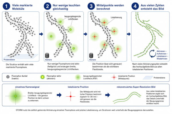 Super-Resolution mit STORM: Die Grafik zeigt, wie einzelne Fluorophore nacheinander aktiviert, lokalisiert und zu einem hochaufgelösten Bild zusammengesetzt werden.