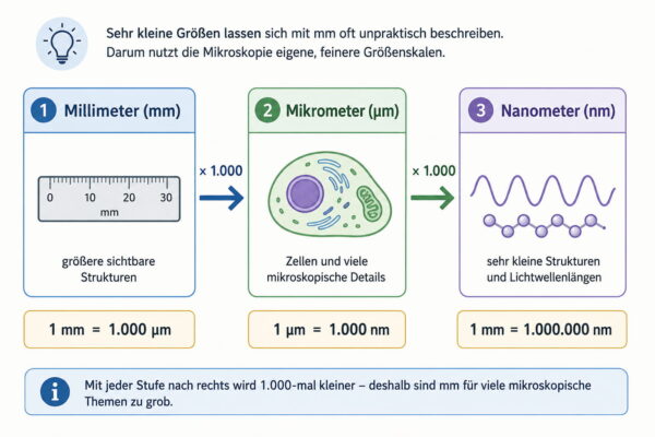 Millimeter, Mikrometer und Nanometer im Vergleich Größenskala für Einheiten in der Mikroskopie von Millimeter über Mikrometer bis Nanometer