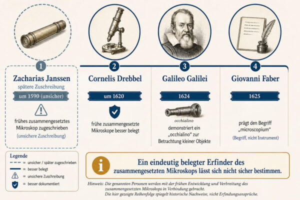 Frühe Geschichte des zusammengesetzten Mikroskops Frühe Entwicklung des Mikroskops von Janssen bis Galileo