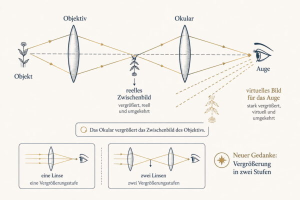 Optisches Prinzip des zusammengesetzten Mikroskops Grundprinzip eines zusammengesetzten Mikroskops mit Objektiv und Okular