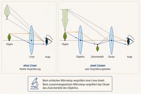 Vergleich von einfachem und zusammengesetztem Mikroskop Einfaches und zusammengesetztes Mikroskop im Vergleich