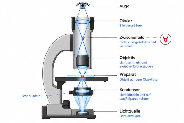 Rolle der Sammellinse im Mikroskop und optischer Strahlengang Sammellinse im Mikroskop mit Lichtweg durch Kondensor, Objektiv und Okular