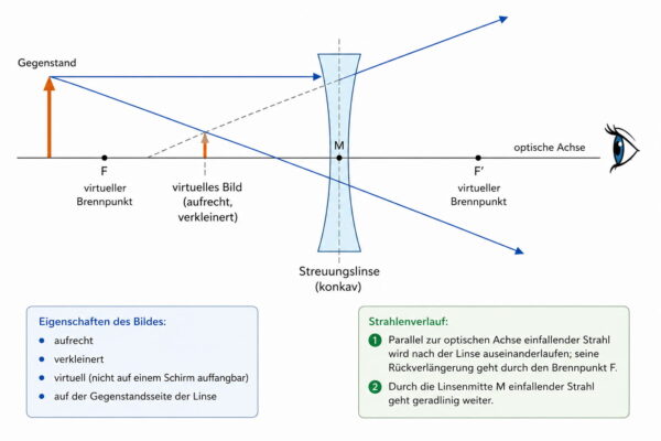 Streuungslinse: virtuelles und verkleinertes Bild Bildentstehung an einer Streuungslinse mit virtuellem, aufrechtem und verkleinertem Bild