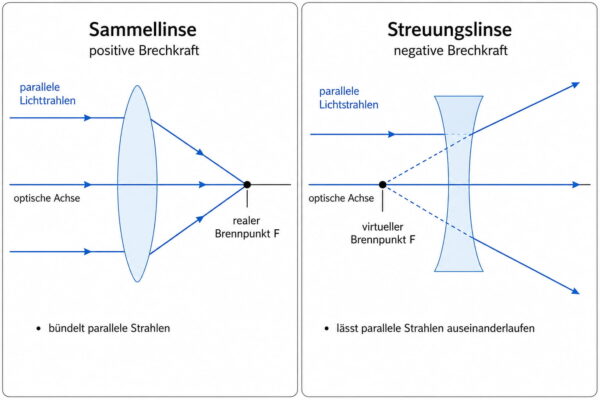 Streuungslinse und Sammellinse im direkten Vergleich Streuungslinse und Sammellinse im Vergleich mit virtuellem und realem Brennpunkt