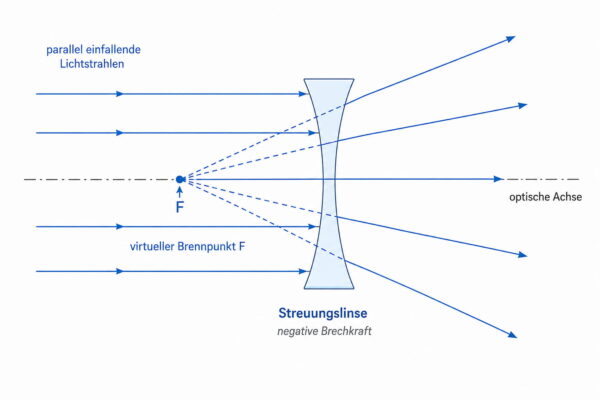 Streuungslinse mit virtuellem Brennpunkt im Strahlengang Strahlengang einer Streuungslinse mit virtuellem Brennpunkt und auseinanderlaufenden Lichtstrahlen
