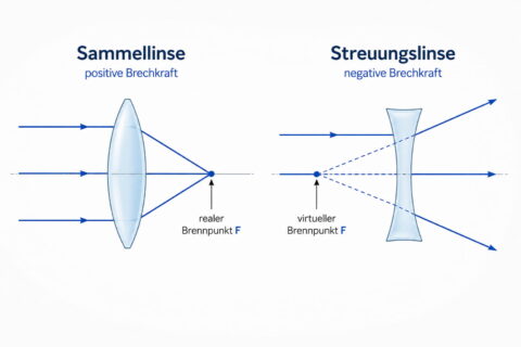 Streuungslinse im Vergleich zur Sammellinse mit Strahlengang und Brennpunkten