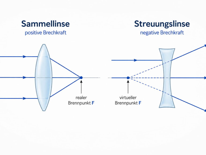 Streuungslinse im Vergleich zur Sammellinse mit Strahlengang und Brennpunkten