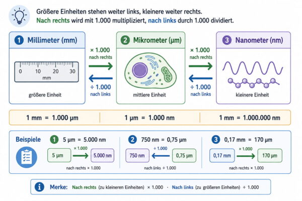 µm und nm richtig umrechnen Umrechnung von Millimeter, Mikrometer und Nanometer mit dem Faktor 1.000
