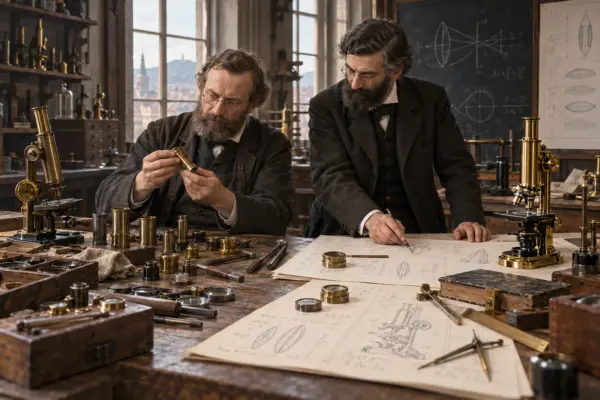 Ernst Abbe und Carl Zeiss – Zusammenarbeit im historischen Mikroskopbau Ernst Abbe und Carl Zeiss bei der Entwicklung wissenschaftlich berechneter Mikroskop-Optiken im 19. Jahrhundert