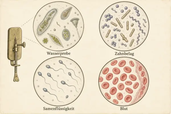 Mikroskopische Beobachtungen von Antoni van Leeuwenhoek Mikroskopische Beobachtungen von Antoni van Leeuwenhoek mit Wasserprobe, Zahnbelag, Spermien und Blut